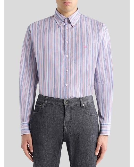 Etro Purple Striped Cotton Button-Down Shirt With Pegaso for men