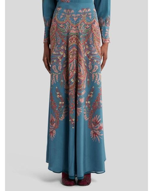 Etro Blue Langer Rock Aus Seide Mit Platziertem Print, Damen, Größe