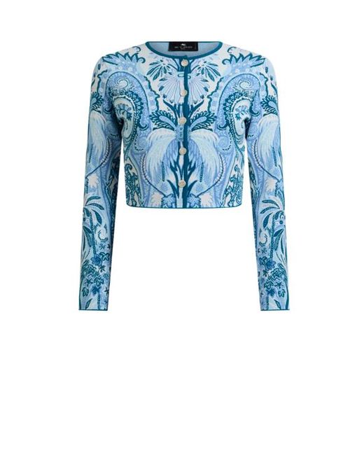 Etro Blue Jacquard Cropped Cardigan With Leafy Paisley Motif