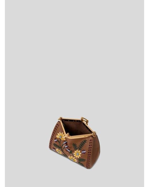 Etro Natural Small Leather Vela Bag With Threading And Floral Motif