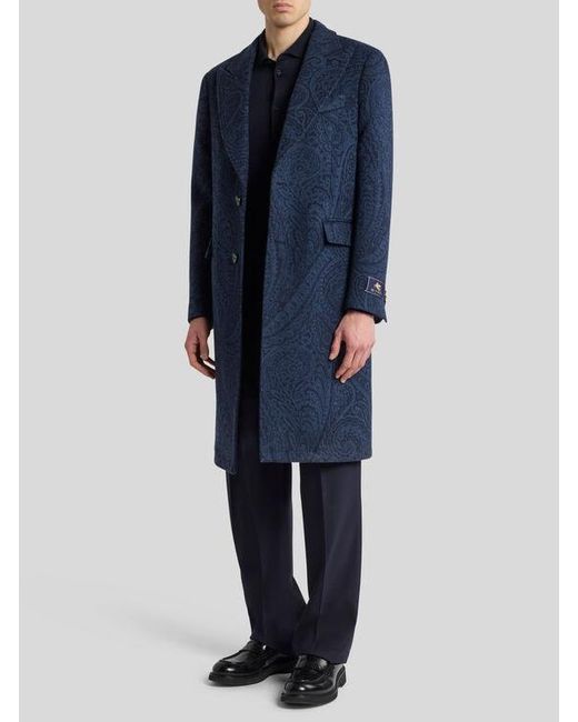 Etro Blue Wool And Cashmere Jacquard Coat for men