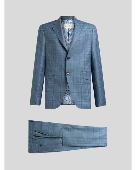 Etro Blue Single-Breasted Wool Suit With Check Motif for men