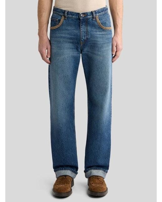 Etro Blue Straight-Leg Cotton Denim Jeans With Contrasting Details for men