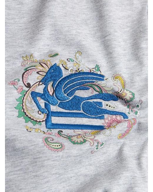 Etro Gray T-Shirt With Embroidered Pegaso And Monogram