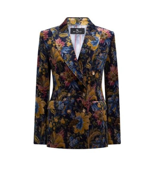 Etro Black Double-Breasted Cotton Velvet Jacket With Floral Overprint