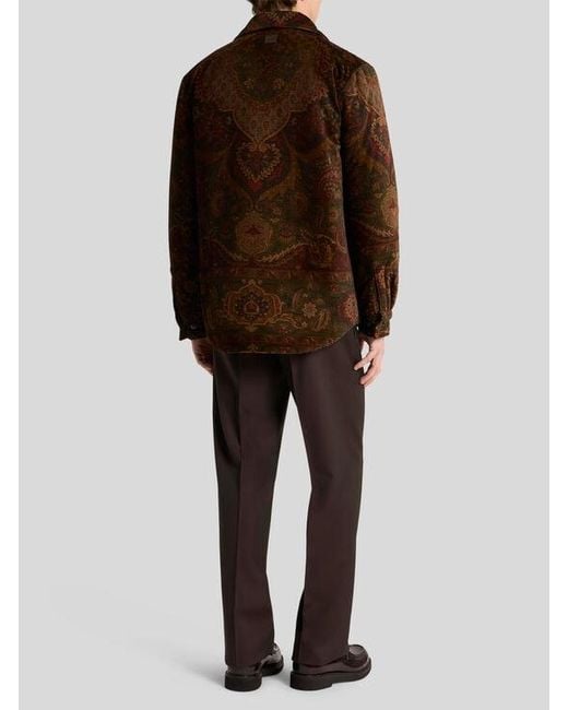 Etro Brown Padded Cotton Corduroy Shacket With Placed Floral Medallion Print for men