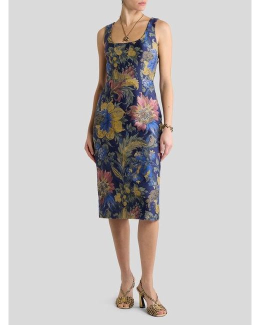 Etro Blue Cotton-Blend Jacquard Midi Dress With Floral Motif