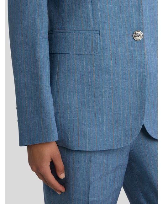 Etro Blue Single-Breasted Striped Jacket With Pegaso Buttons