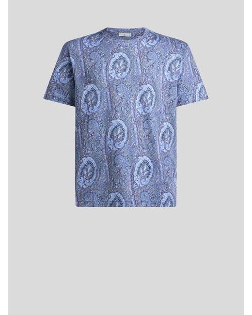 Etro Blue Cotton T-Shirt With Floral Paisley Motif for men