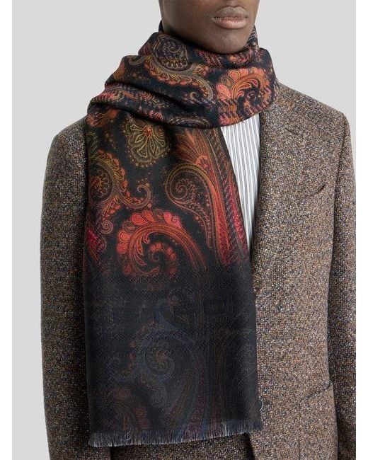 Etro Brown Wool Jacquard Scarf With Check Print And Faded Paisley Motif for men