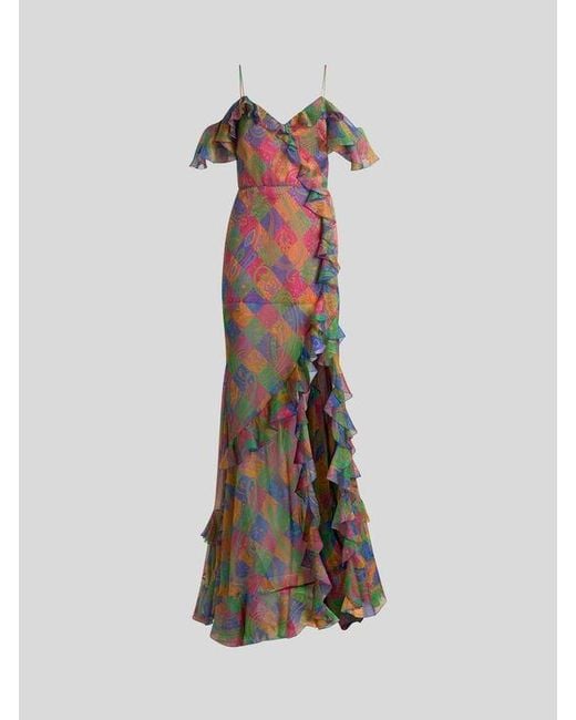 Etro White Silk Long Dress With Ruffles And Geometric Paisley Motif