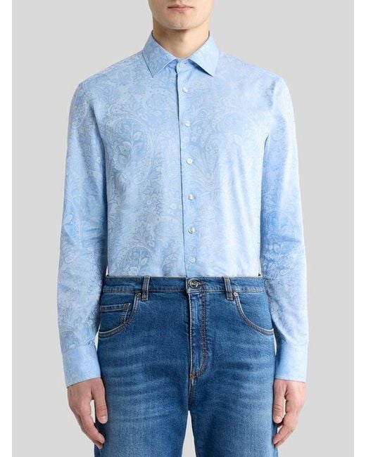 Etro Blue Cotton Jacquard Shirt With Paisley Foliage Motif for men