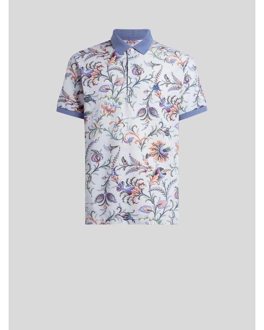 Etro Blue Cotton Polo Shirt With Floral Motif for men