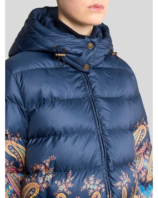 Etro Blue Down Jacket With Hood And Placed Print
