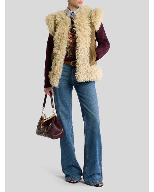 Etro Natural Shearling Waistcoat With Peacock Embroidery