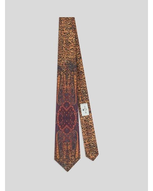 Etro Brown Silk Tie With Paisley And Animal Motif for men