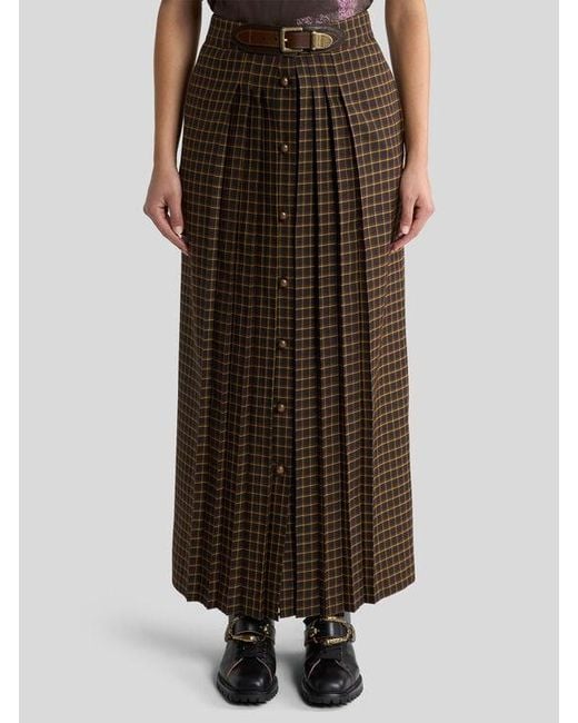 Etro Brown Wool Maxi Skirt With Pleating And Check Motif