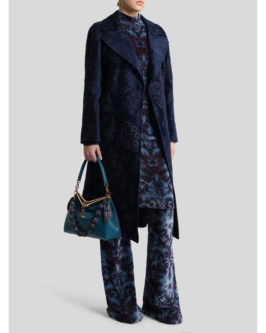 Etro Blue Chenille Jacquard Coat With Belt