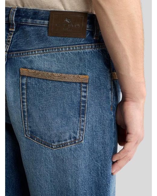 Etro Blue Straight-Leg Cotton Denim Jeans With Contrasting Details for men