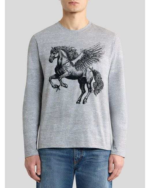Etro Gray Cotton Sweater With Placed Pegaso Print for men