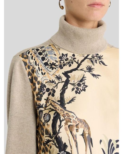 Etro White Wool-Blend Turtleneck Sweater With Placed Animal And Paisley Print