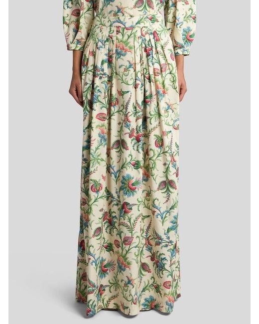 Etro White Pleated Cotton Maxi Skirt With Floral Motif