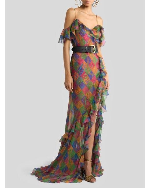Etro White Silk Long Dress With Ruffles And Geometric Paisley Motif