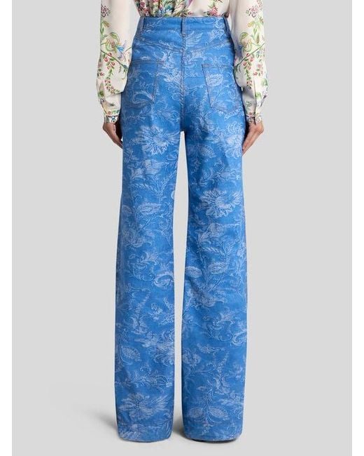 Etro Blue Flared Cotton And Linen Jacquard Denim Jeans With Floral Motif