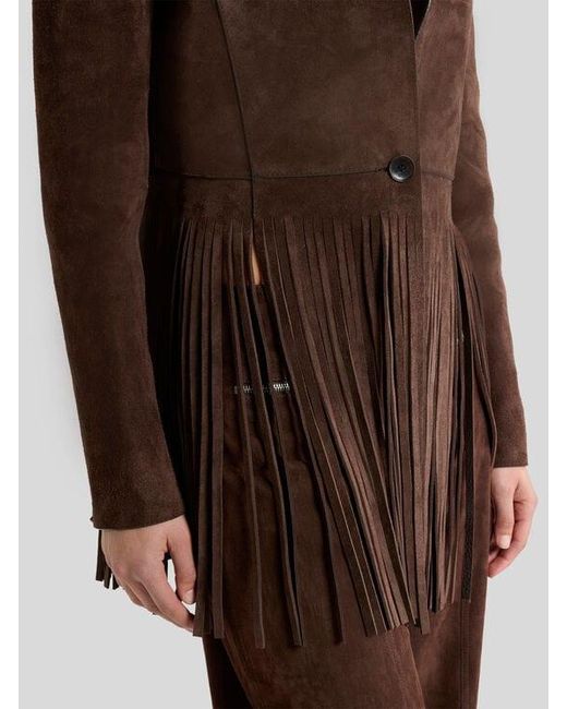 Etro Brown Single-Breasted Suede Jacket With Fringing