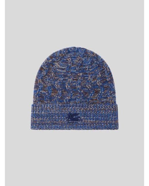 Etro Blue Cashmere Beanie With Cable Detail And Pegaso Embroidery for men
