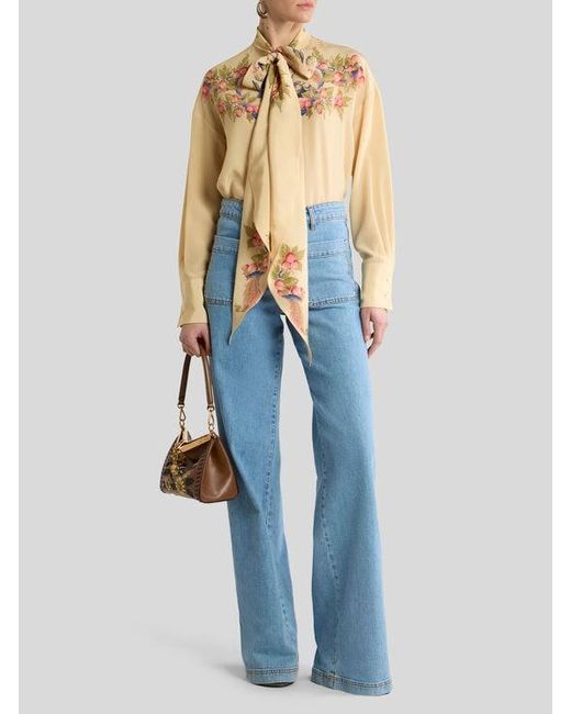 Etro Blue Flared Stretch Cotton Denim Jeans With Embroidered Logo