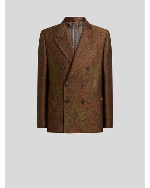 Etro Brown Double-Breasted Wool-Blend Jacquard Jacket With Paisley Motif for men