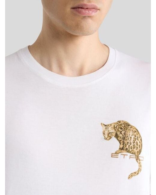 Etro White Cotton T-Shirt With Leopard Print And Embroidery for men