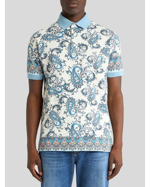 Etro Blue Cotton Polo Shirt With Placed Print for men