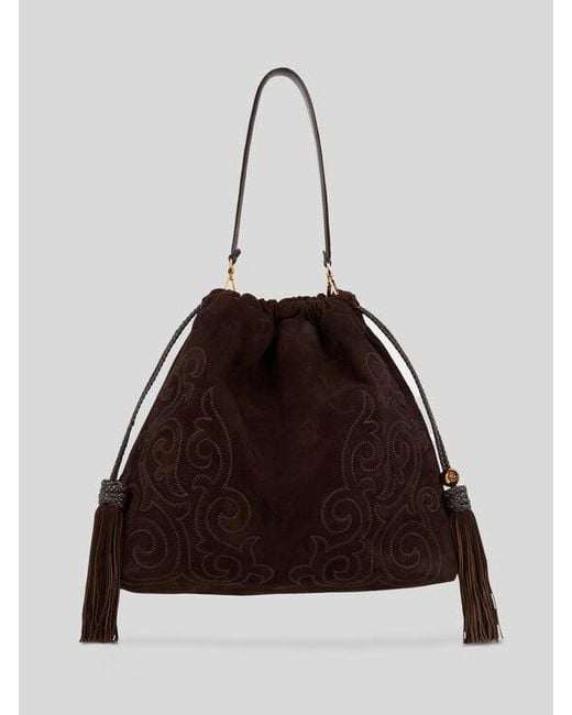 Etro Brown Large Suede Kalispera Bag With Patch And Tassels