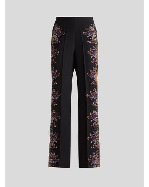 Etro Black Silk Palazzo Trousers With Placed Paisley Foliage Print