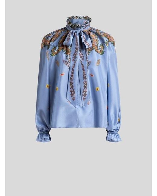 Etro Blue Silk Blouse With Silk Scarf And Placed Floral Paisley Print