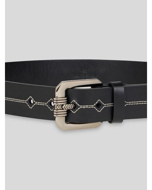 Etro Black Leather Belt With Embroidery for men
