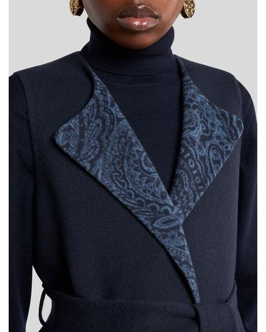 Etro Blue Long Wool And Cashmere Jacquard Waistcoat