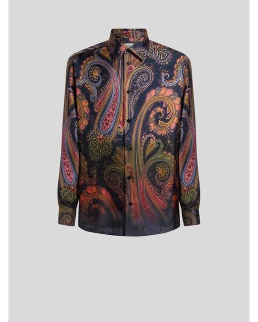 Etro Brown Silk Twill Shirt With Placed Degradé Paisley Print for men