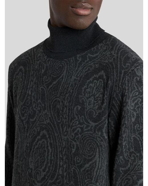 Etro Blue Wool-Blend Jacquard Turtleneck With Arnica Motif for men