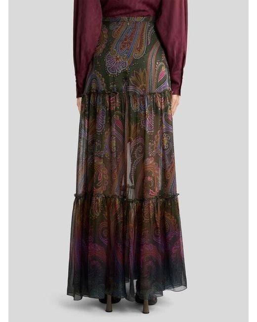 Etro Brown Silk Maxi Skirt With Placed Paisley Print