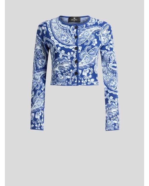 Etro Blue Jacquard Cropped Cardigan With Floral Paisley Motif