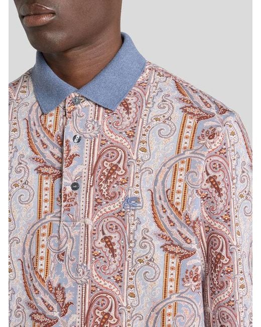 Etro Pink Cotton Pique Polo Shirt With Leafy Paisley Motif for men