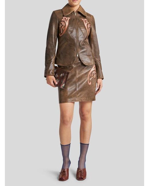Etro Brown Leather Jacket With Inlays
