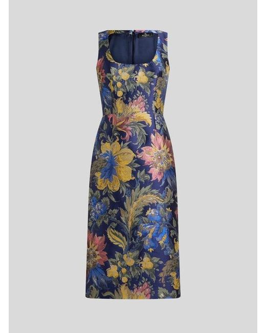 Etro Blue Cotton-Blend Jacquard Midi Dress With Floral Motif