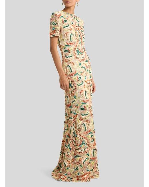Etro Metallic Crochet-Effect Long Dress With Floral Embroidery
