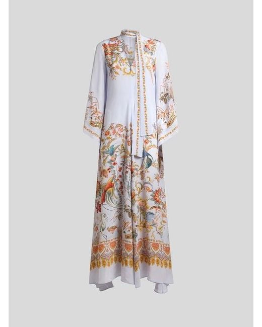Etro White Long Silk Dress With Silk Scarf And Placed Flora And Fauna Print
