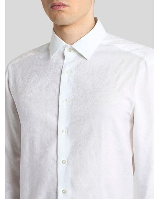 Etro White Cotton Jacquard Shirt With Paisley Foliage Motif for men