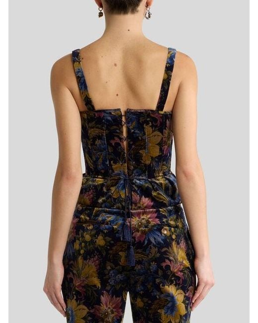 Etro Black Cotton Velvet Corset Top With Floral Overprint
